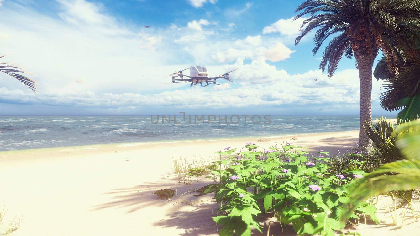 An unmanned passenger air taxi lands on a tropical beach. The concept of the future driverless taxi.