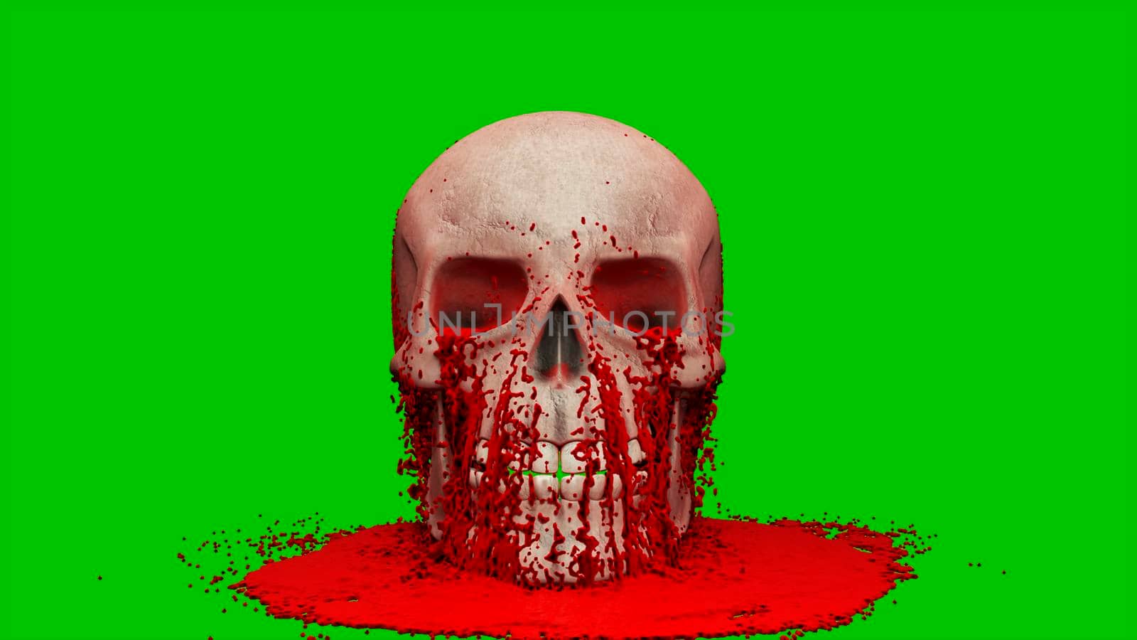 Thick red blood pours onto the human skull. The concept of a post-apocalyptic world.