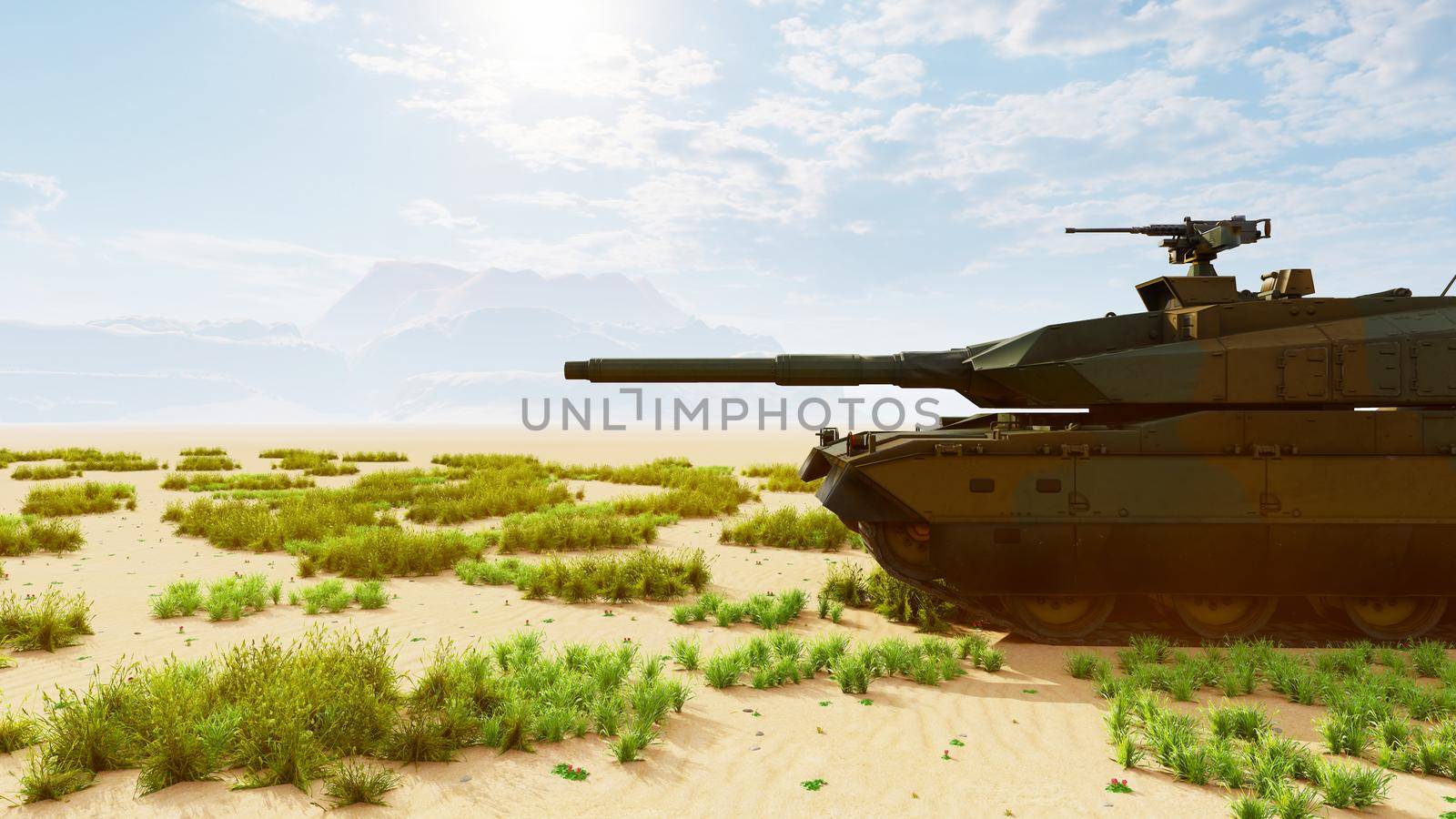 A military tank in the middle of the desert shoots at a target. Special operation of the military. 3D Rendering by designprojects