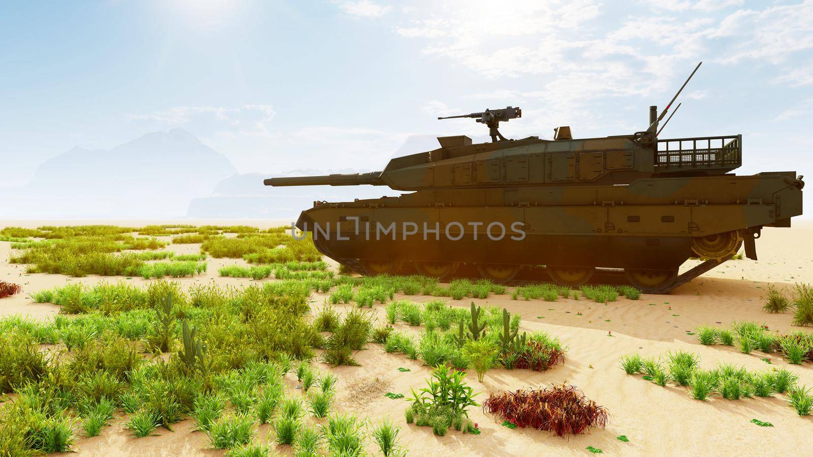 A military tank in the middle of the desert shoots at a target. Special operation of the military. 3D Rendering by designprojects