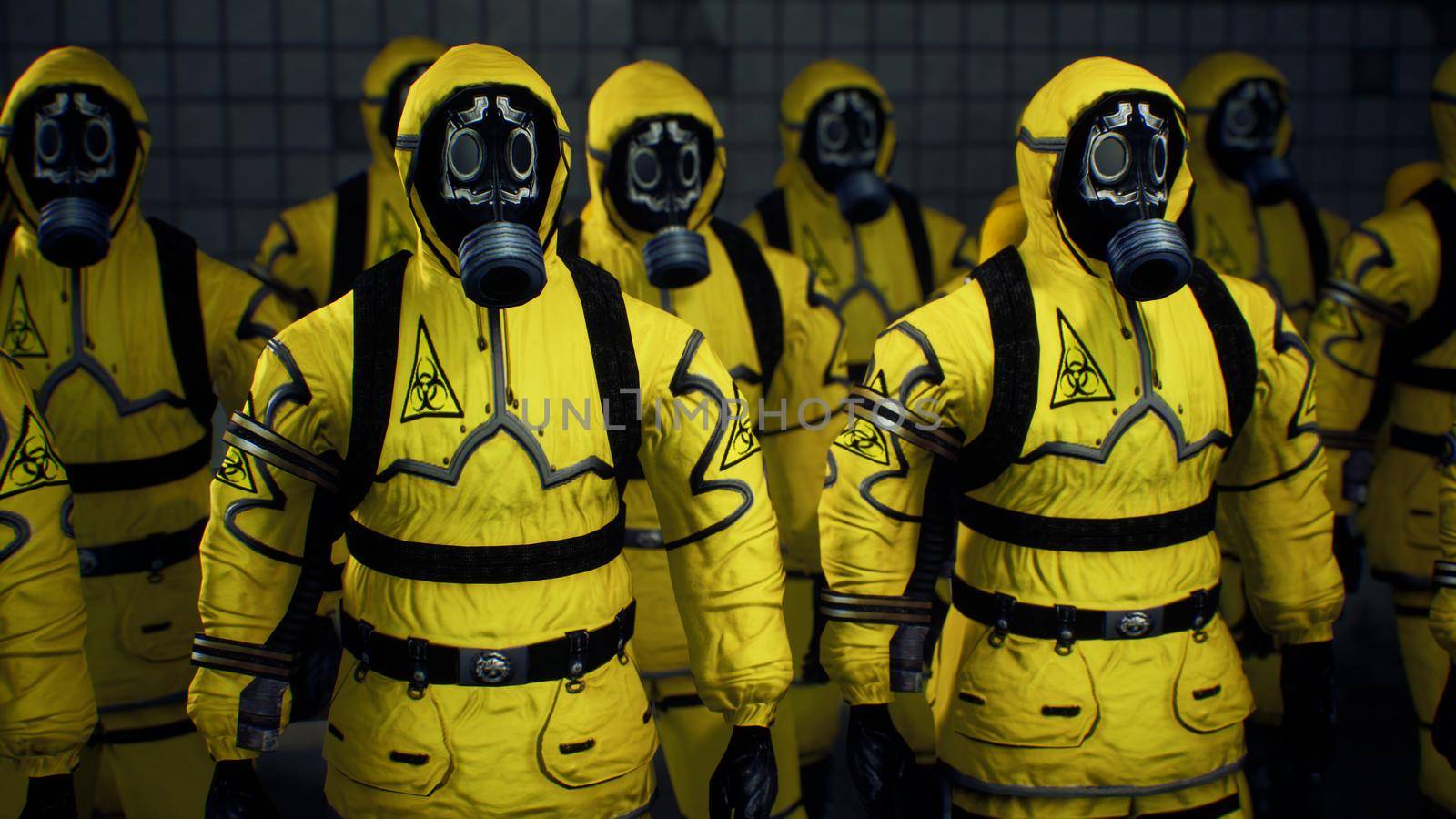 Doctors in yellow protective suits lined up before the start of the working day. People in a suit of bacteriological protection and gas mask. The concept of a post-apocalyptic world during a global epidemic.