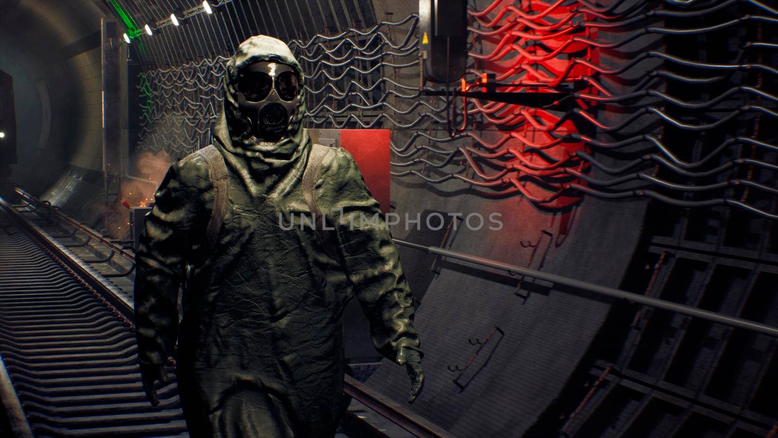 A stray man in military protective clothing and a gas mask is walking along an abandoned subway. The concept of a post-apocalyptic world after a nuclear war. 3D Rendering by designprojects