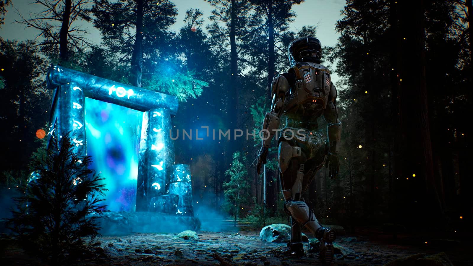 A fantastic luminous ancient portal guarded with in a mystical misty dark forest. 3D Rendering. by designprojects