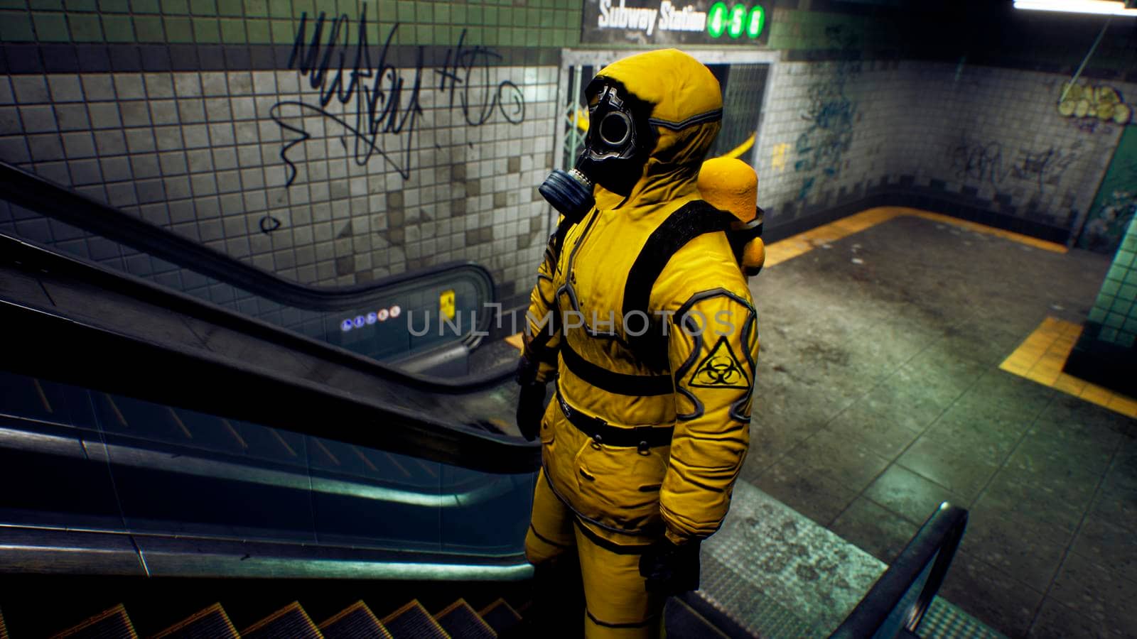 A survivor in chemical protective clothing climbs an escalator from a deserted subway. The concept of a post-apocalyptic world after a global pandemic. 3D Rendering by designprojects