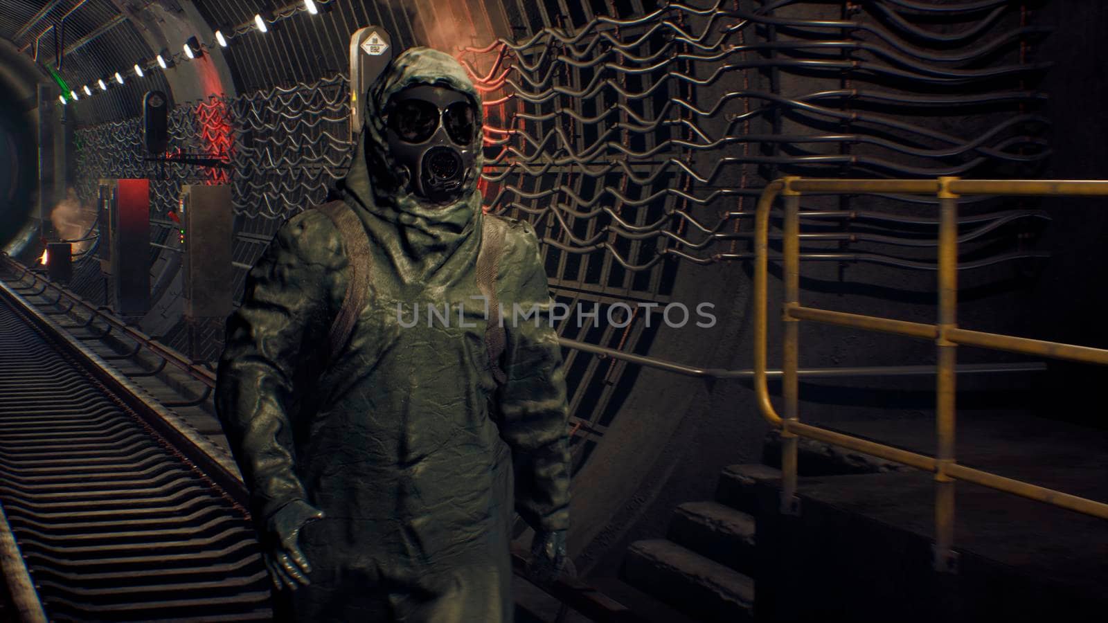 A stray man in military protective clothing and a gas mask is walking along an abandoned subway. The concept of a post-apocalyptic world after a nuclear war. 3D Rendering by designprojects