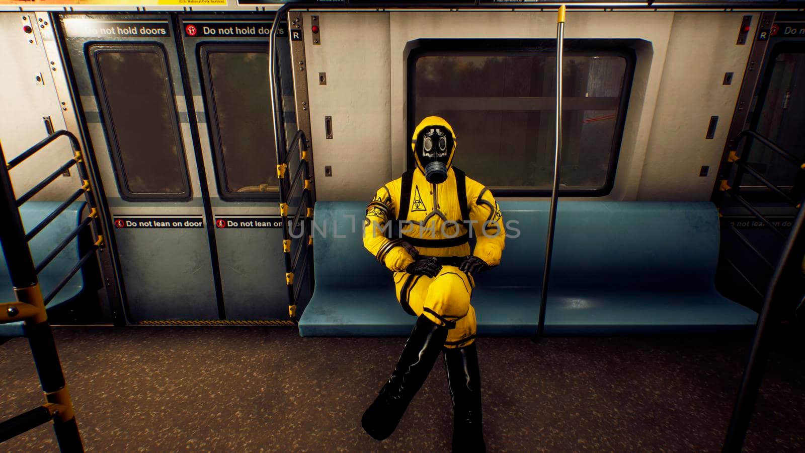 People in protective suits ride a commuter train during a pandemic. The concept of a post-apocalyptic world during a global epidemic. 3D Rendering by designprojects
