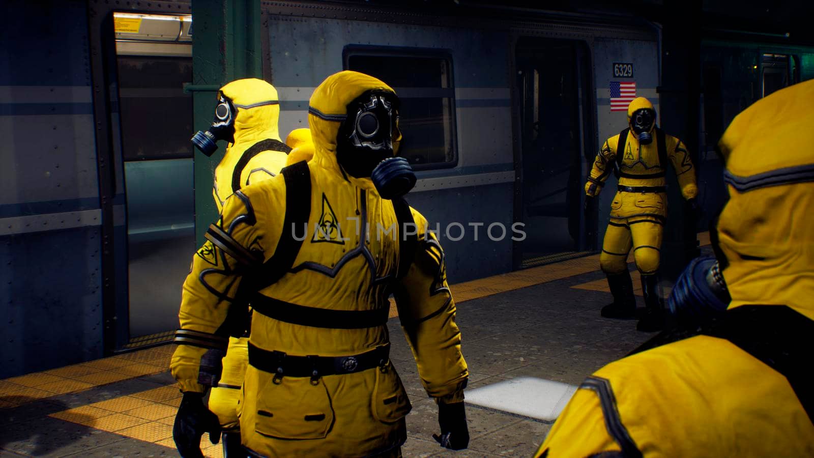 Doctors in protective chemical clothing are waiting for the train to go to fight the pandemic. The concept of a post-apocalyptic world after a global pandemic.