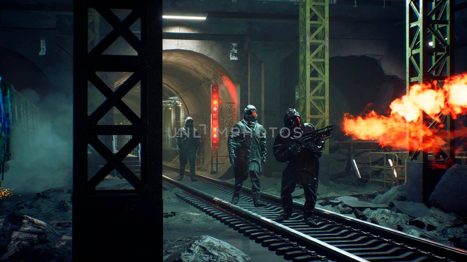 Stalkers in chemical protective clothing walk along an abandoned subway with a flamethrower during a virus epidemic. The concept of a post-apocalyptic world after a nuclear war. 3D Rendering by designprojects