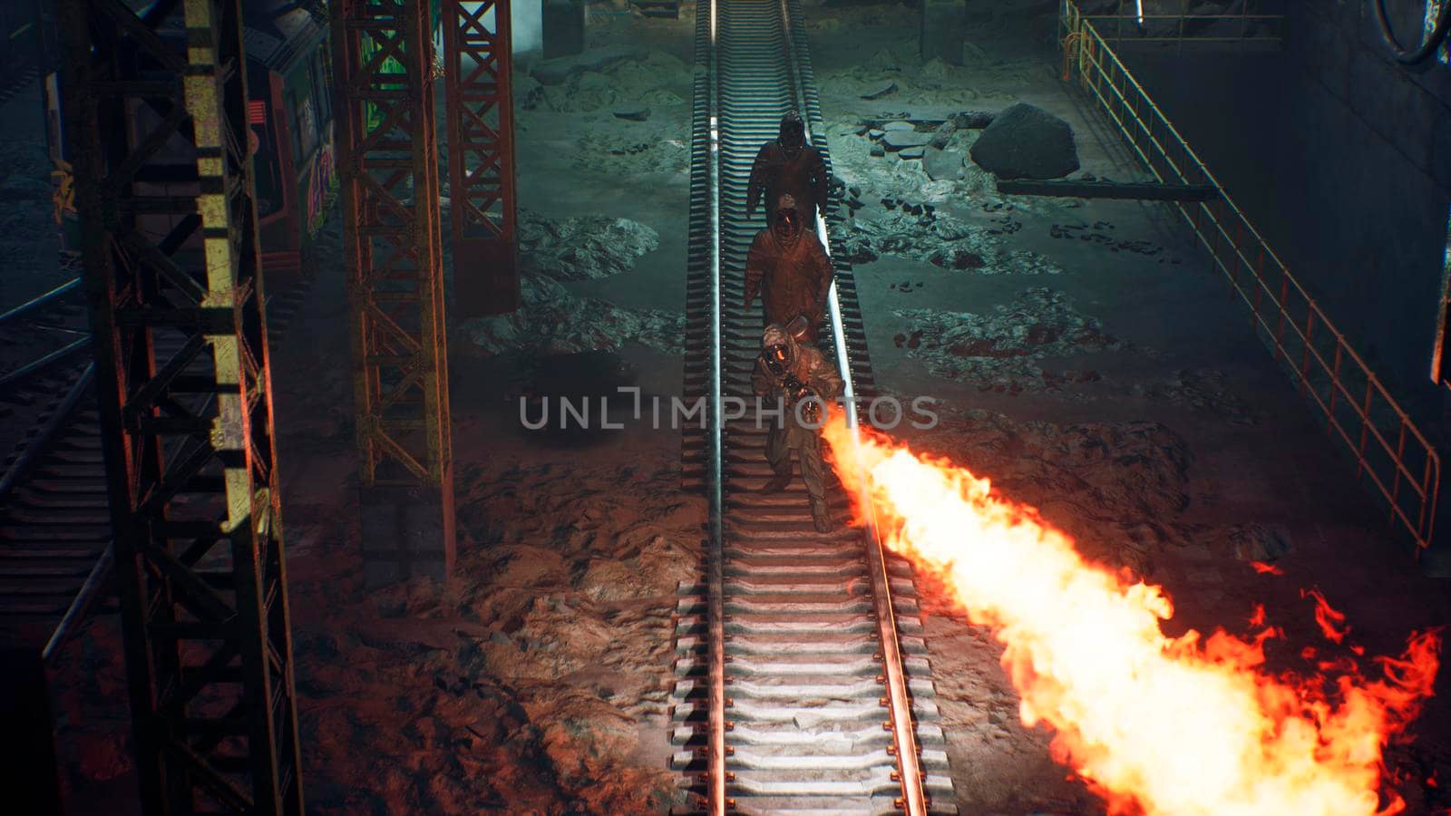 Stalkers in military chemical protective clothing and a gas mask are walking along an abandoned subway with a flamethrower. The concept of a post-apocalyptic world after a nuclear war. 3D Rendering by designprojects