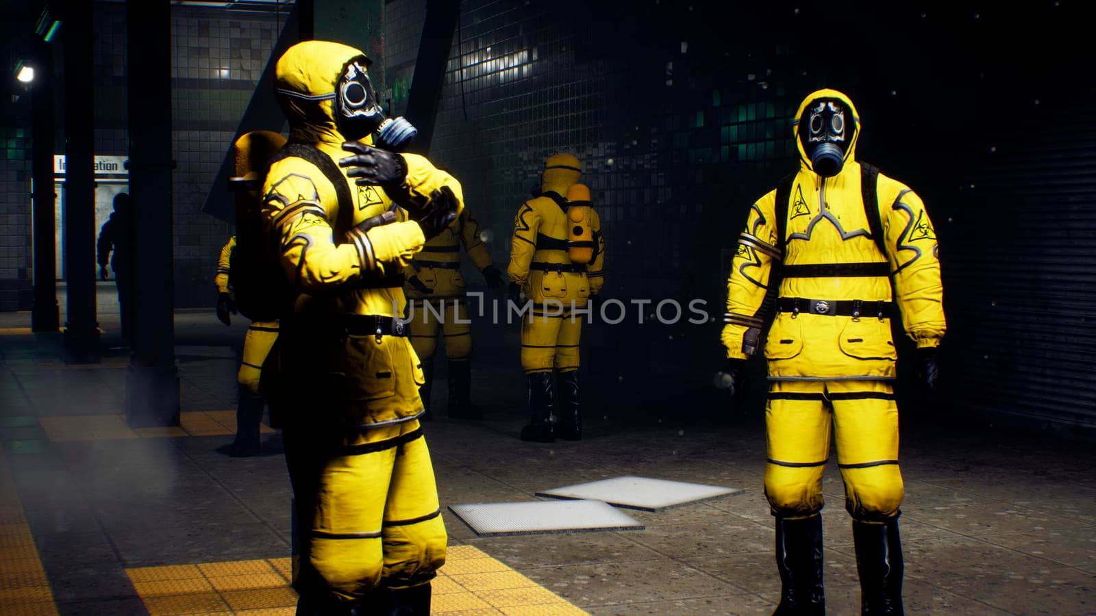 Doctors in protective chemical clothing are waiting for the train to go to fight the pandemic. The concept of a post-apocalyptic world after a global pandemic. 3D Rendering by designprojects