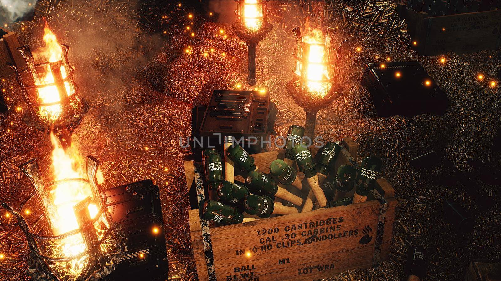 The arsenal of weapons. Bullets, boxes of explosives. Military boxes with weapons and ammunition. The military warehouse is filled with weapons for the upcoming war conflict. 3D Rendering. by designprojects