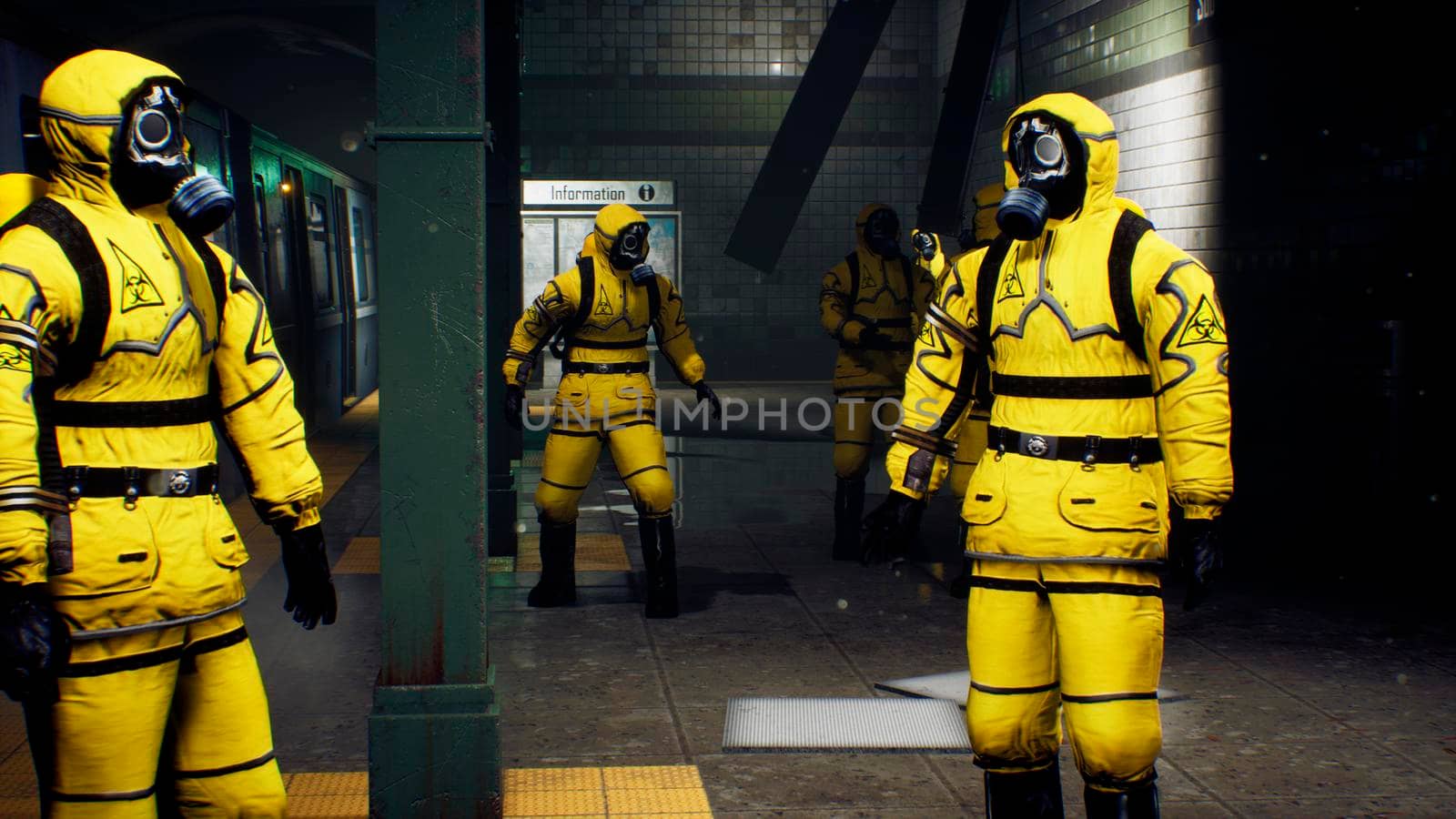 Doctors in protective chemical clothing are waiting for the train to go to fight the pandemic. The concept of a post-apocalyptic world after a global pandemic. 3D Rendering by designprojects