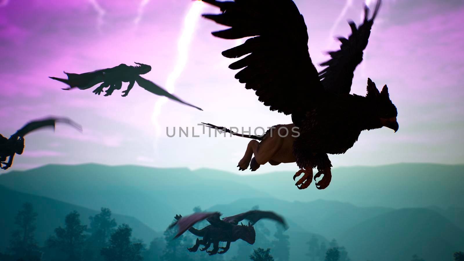Amazing magical unusual creatures fly over the mysterious night forest against the background of lightning flashes. Illustration for fantasy, fiction or fabulous backgrounds.