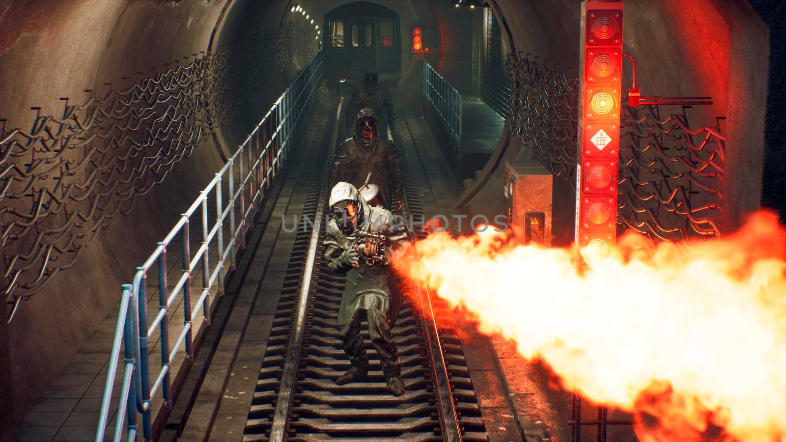 Stalkers in chemical protective clothing walk along an abandoned subway with a flamethrower during a virus epidemic. The concept of a post-apocalyptic world after a nuclear war.