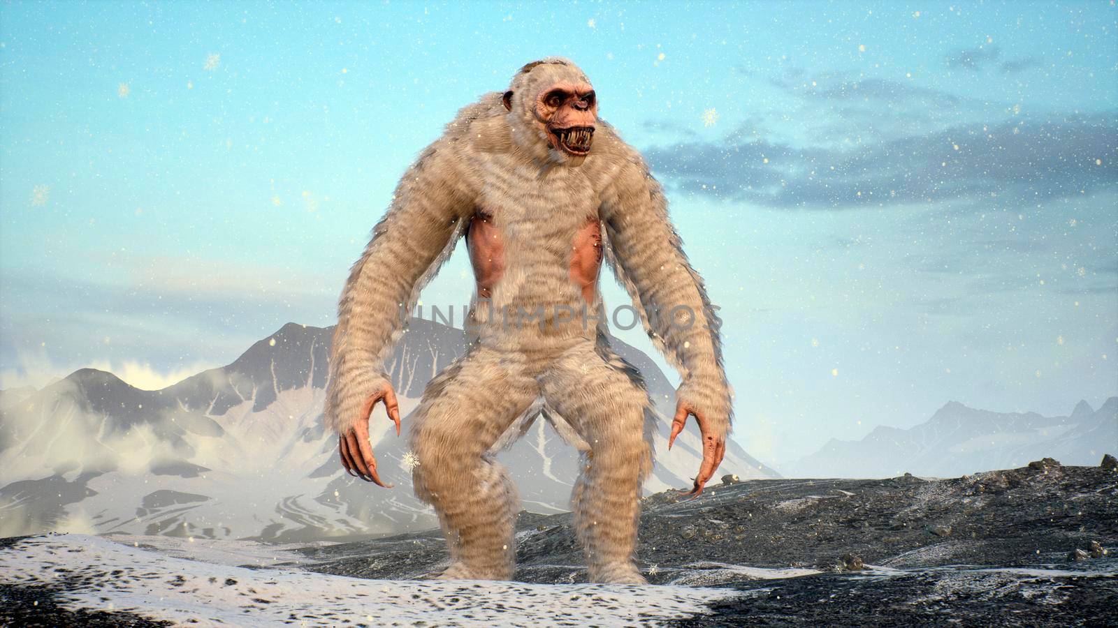 The Yeti enjoys the morning sunrise, in the beautiful snowy mountains. Yeti in the winter mountains. Illustration for fabulous, fiction or fantasy backgrounds. 3D Rendering. by designprojects