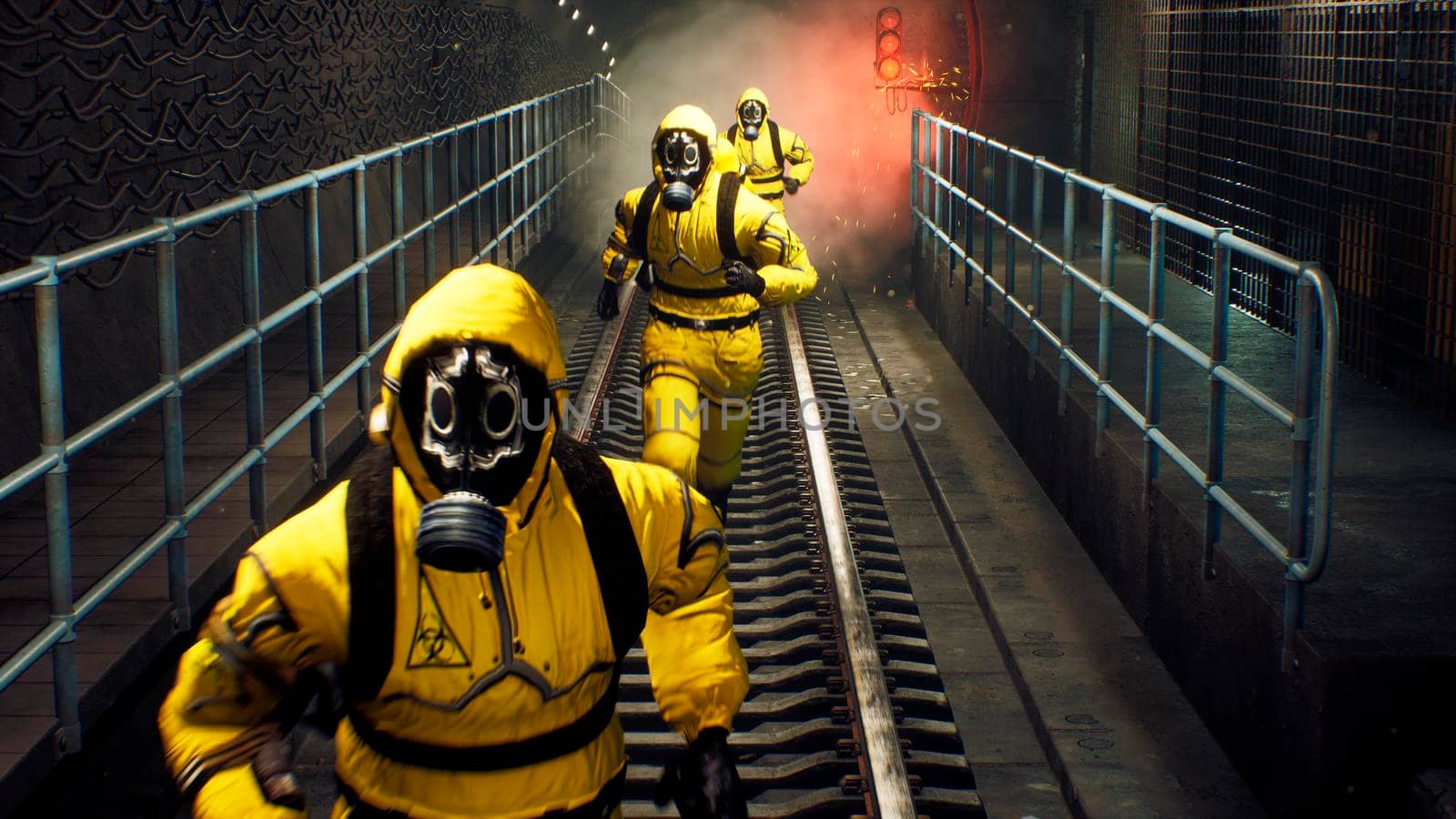 People in chemical protective clothing run out of the tunnel to go to fight the epidemic. The concept of a post-apocalyptic world after a global pandemic.