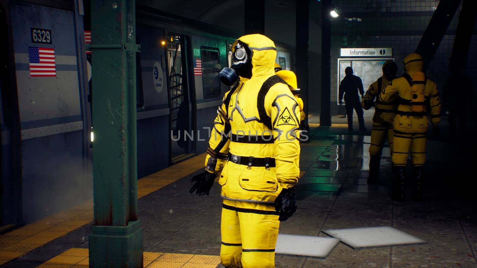 People in chemical protective clothing are waiting for the train to go to fight the epidemic. The concept of a post-apocalyptic world after a global pandemic. 3D Rendering by designprojects