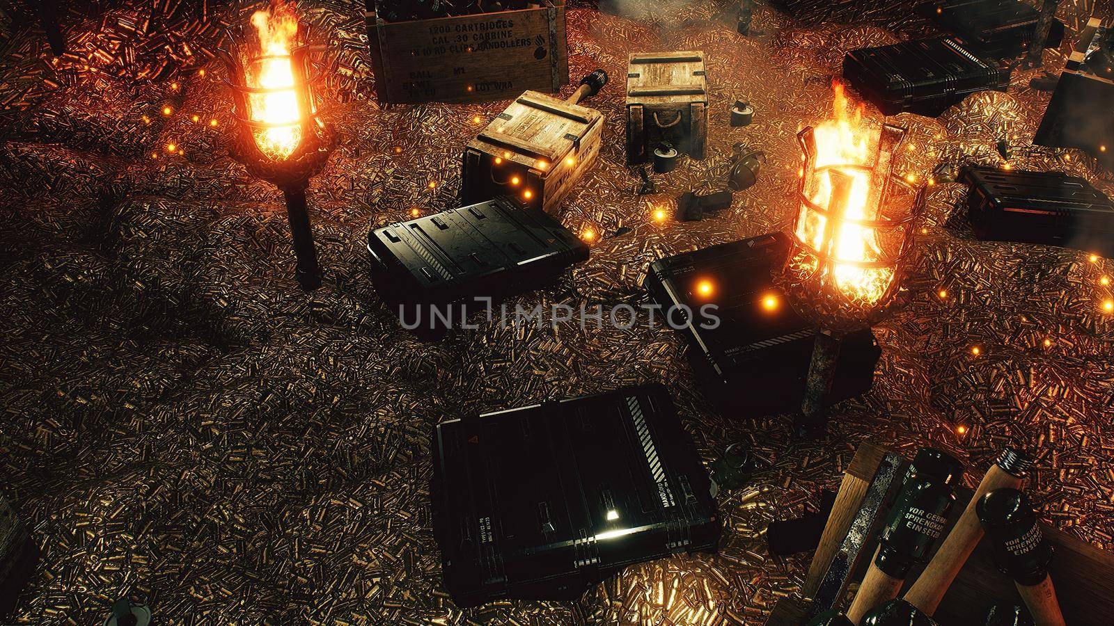 The arsenal of weapons. Bullets, boxes of explosives and grenades. Military boxes with weapons and ammunition. The military warehouse is filled with weapons for the upcoming war conflict.