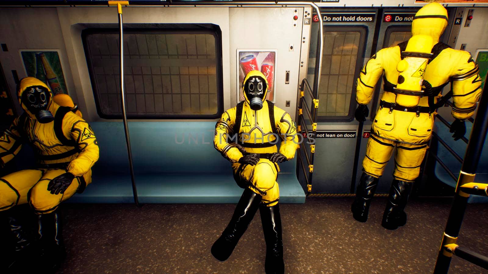 People in protective suits ride a commuter train during a pandemic. The concept of a post-apocalyptic world during a global epidemic.