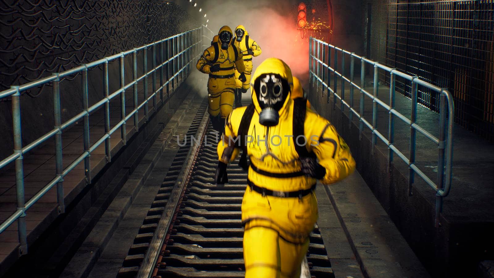 People in chemical protective clothing run out of the tunnel to go to fight the epidemic. The concept of a post-apocalyptic world after a global pandemic. 3D Rendering by designprojects