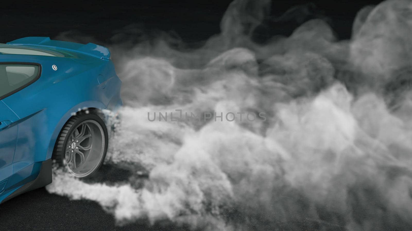 Drift sports car on the asphalt. Thick smoke from burning tires. 3D Rendering by designprojects