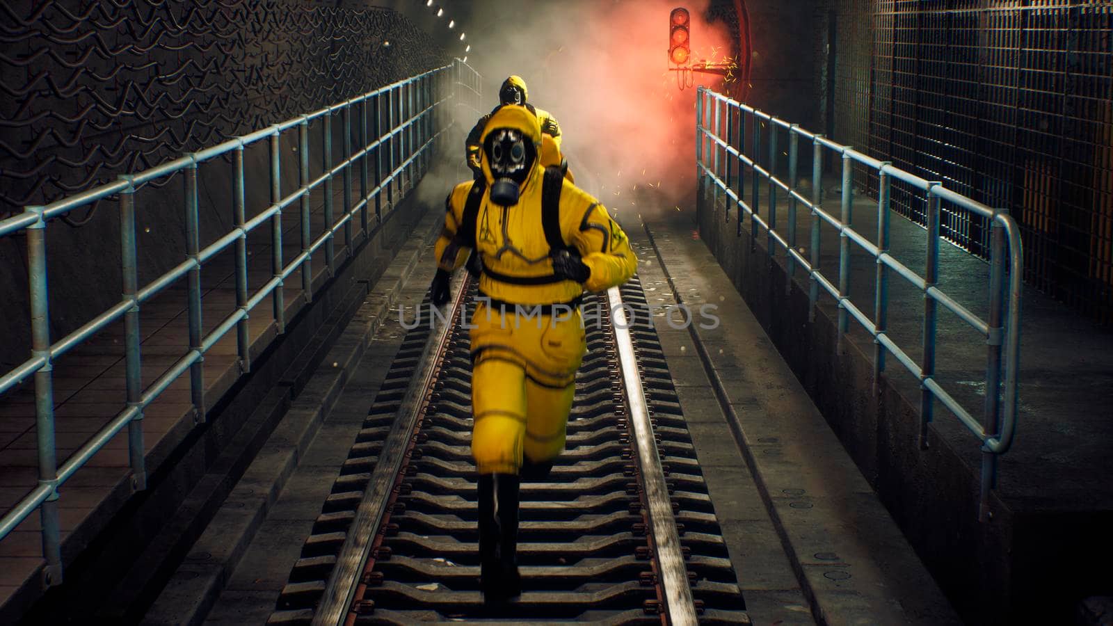 People in chemical protective clothing run out of the tunnel to go to fight the epidemic. The concept of a post-apocalyptic world after a global pandemic. 3D Rendering by designprojects