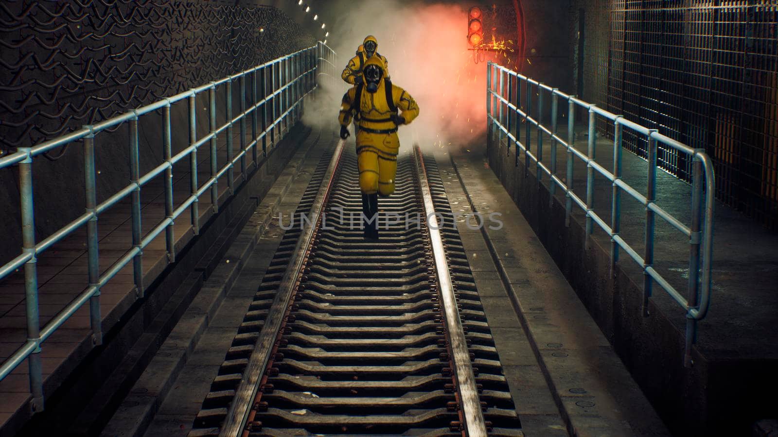 People in chemical protective clothing run out of the tunnel to go to fight the epidemic. The concept of a post-apocalyptic world after a global pandemic.