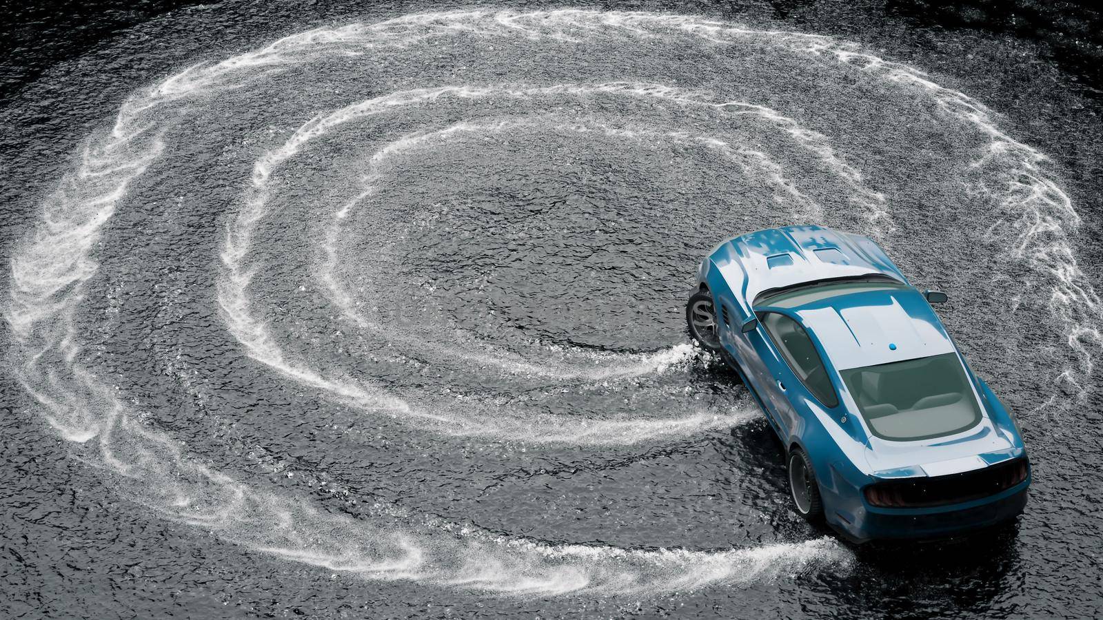 Drift sports car on water on wet asphalt. Splash and foam from rotating wheels.