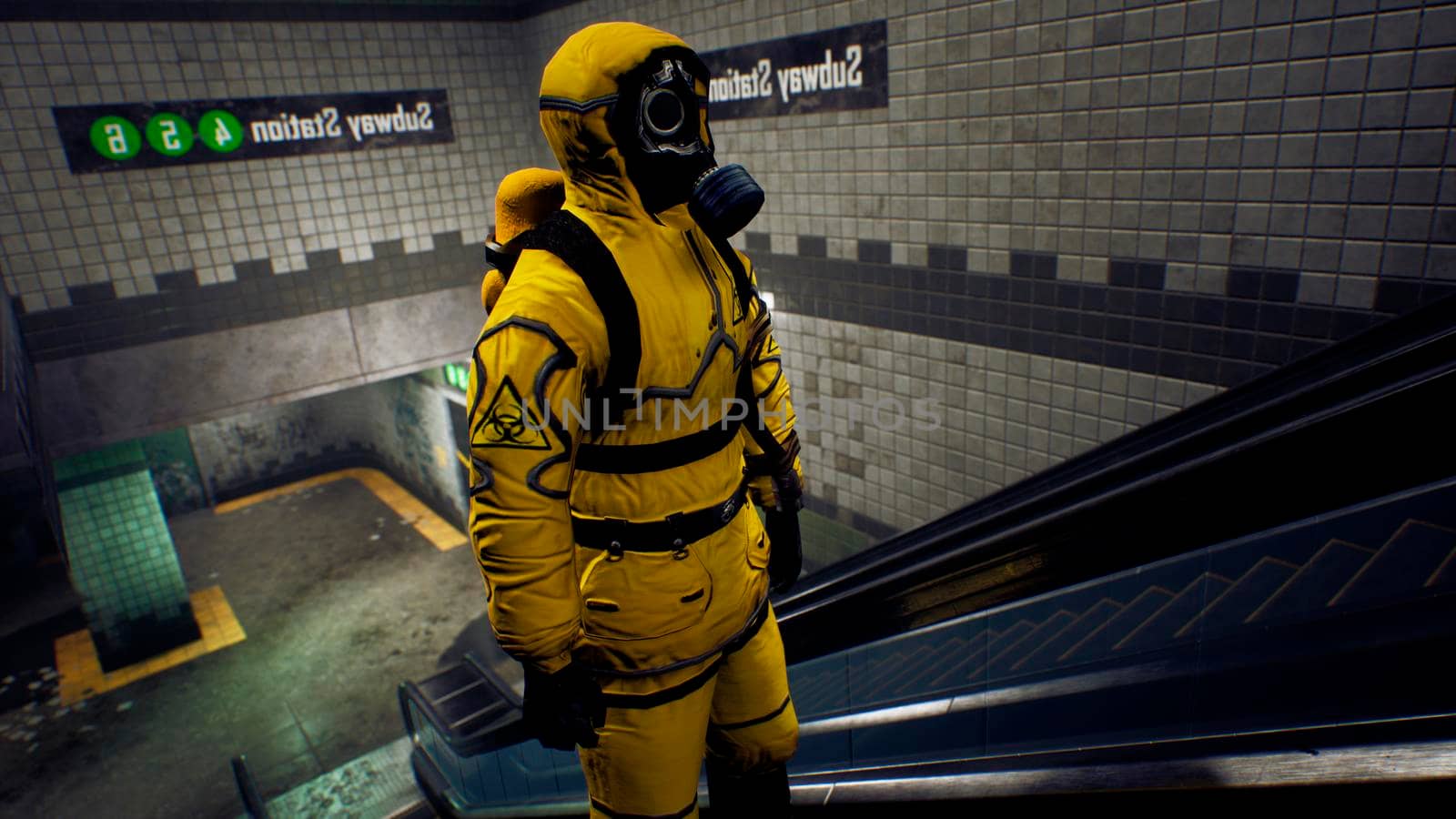 A survivor in chemical protective clothing climbs an escalator from a deserted subway. The concept of a post-apocalyptic world after a global pandemic.