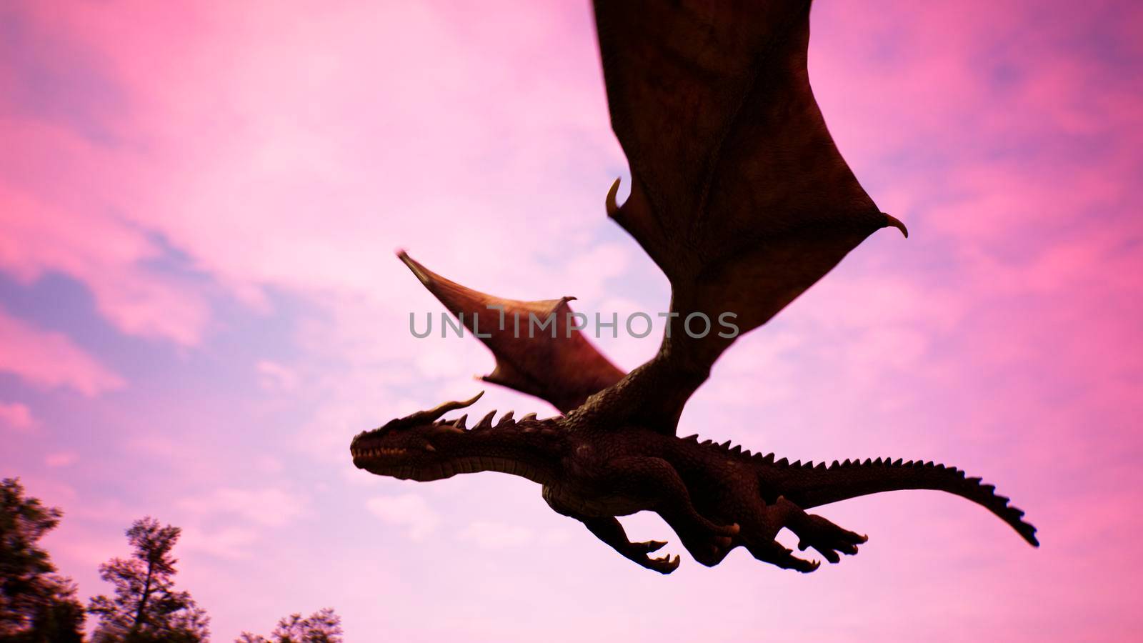 Realistic big dragon flying in the sky over the evening forest. Illustration for fabulous, fiction or fantasy backgrounds. 3D Rendering. by designprojects