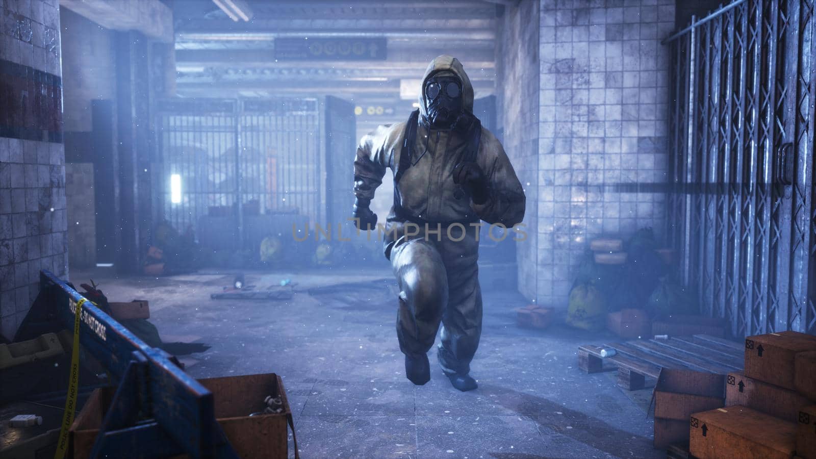 Stalker runs along an abandoned subway. The concept of a post-apocalyptic world after a nuclear war. 3D Rendering. by designprojects