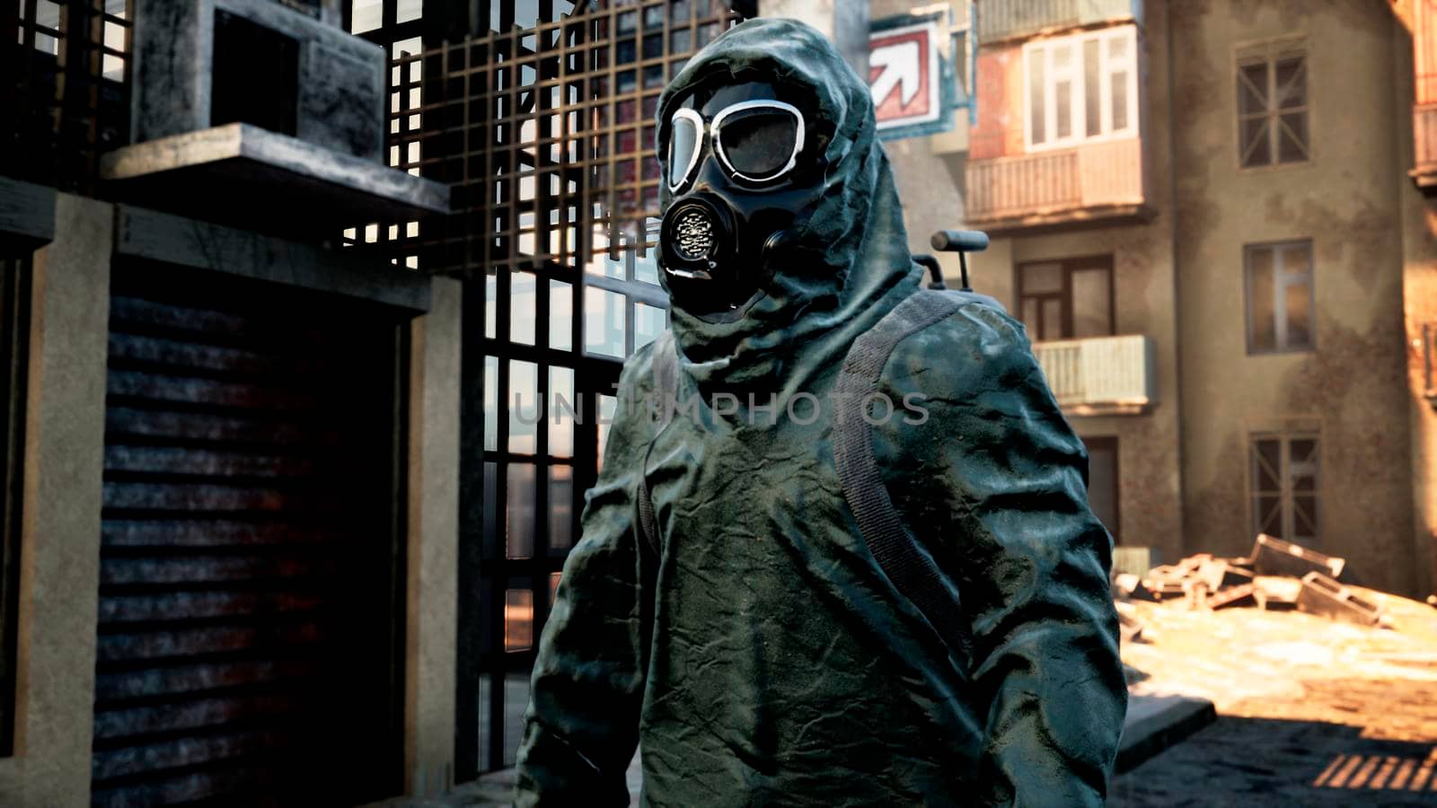 A stray man in military protective clothing and a gas mask is walking through the ruined city. The concept of a post-Apocalyptic world after a nuclear war. 3D Rendering by designprojects