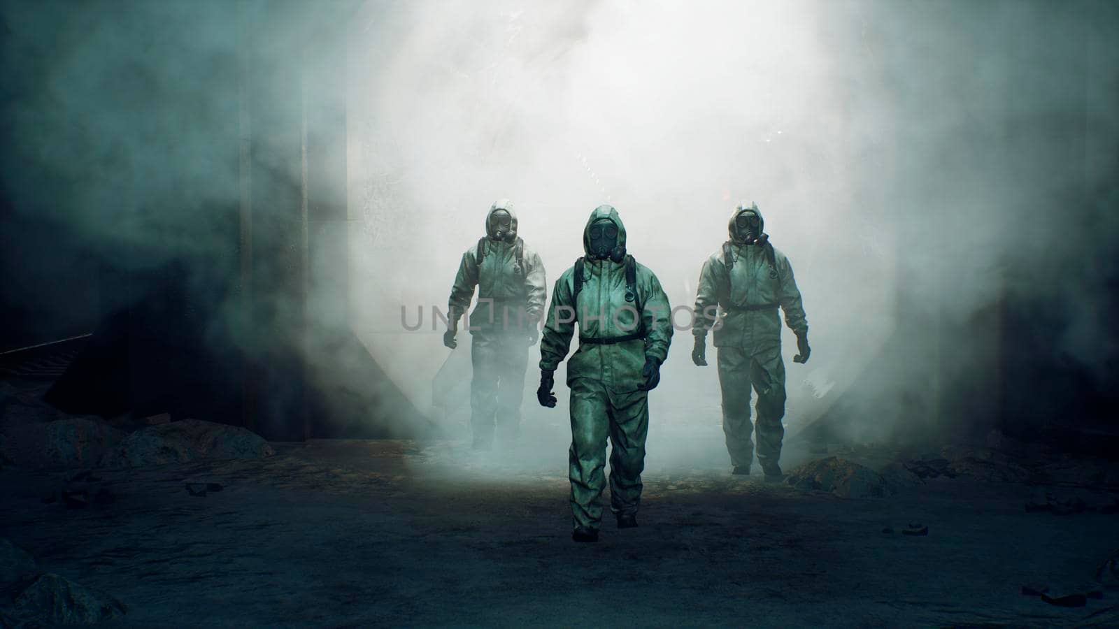 Stalkers in military protective clothing and a gas mask are walking along an abandoned and deserted metro. The concept of a post-apocalyptic world after a nuclear war. 3D Rendering by designprojects