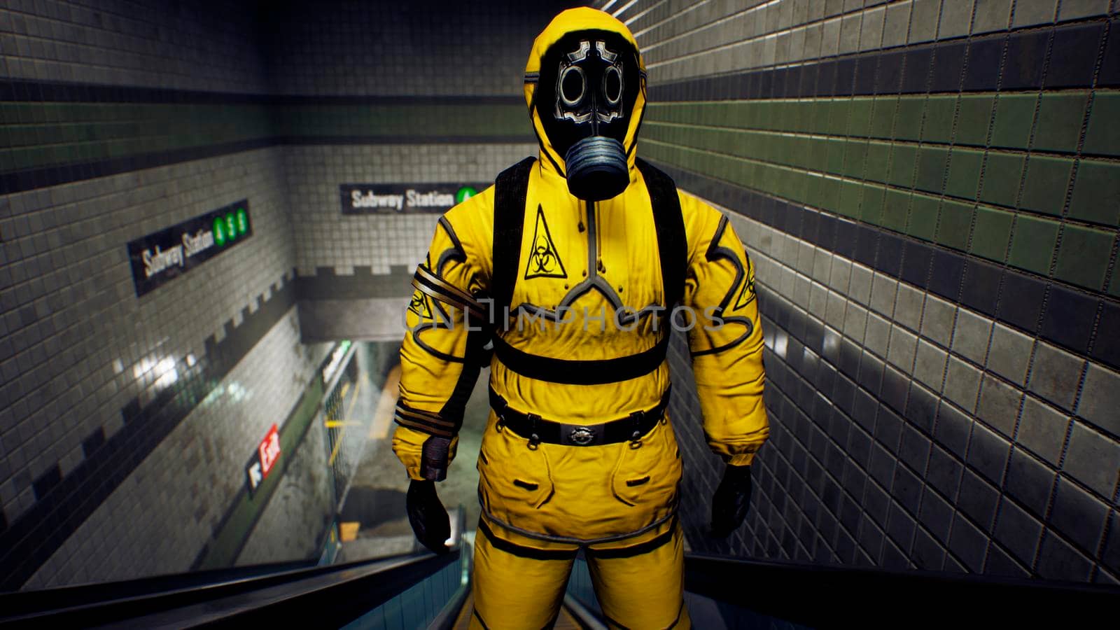 A survivor in chemical protective clothing rises to the surface from a deserted subway. The concept of a post-apocalyptic world after a global pandemic.