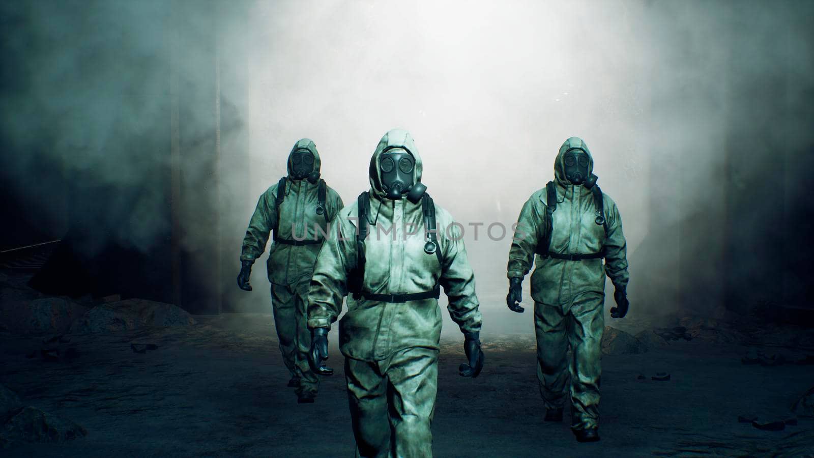 Stalkers in military protective clothing and a gas mask are walking along an abandoned and deserted metro. The concept of a post-apocalyptic world after a nuclear war. 3D Rendering by designprojects