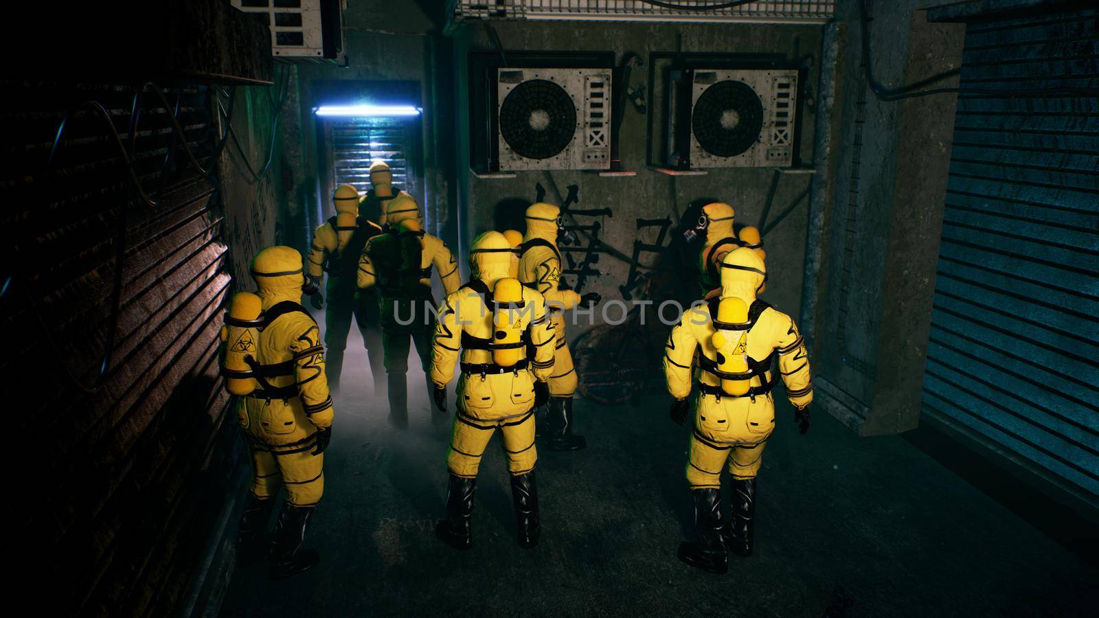 Medics in a suit of bacteriological protection came to the infected patient. Men in yellow protective suits and gas masks. 3D Rendering. by designprojects