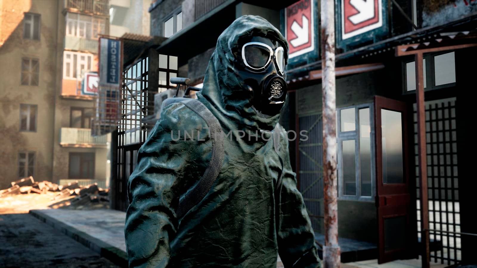 A stray man in military protective clothing and a gas mask is walking through the ruined city. The concept of a post-Apocalyptic world after a nuclear war.