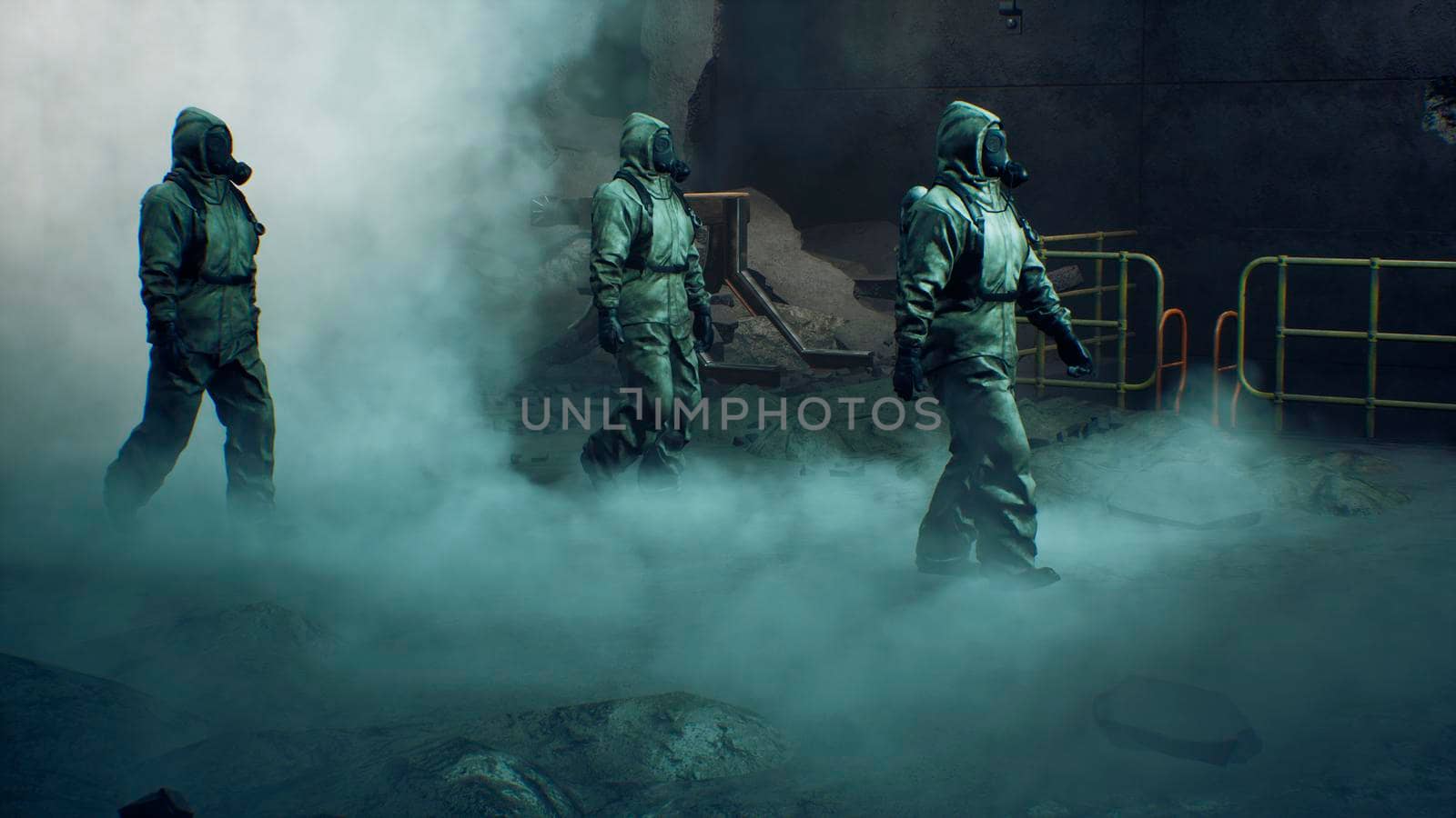 Stalkers in military protective clothing and a gas mask walk through the smoke along a deserted tunnel. The concept of a post-apocalyptic world after a nuclear war. 3D Rendering by designprojects