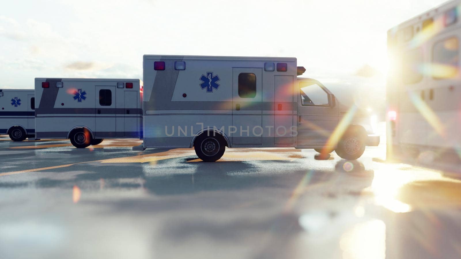Several ambulances are waiting for a call. Concept of emergency medical services. 3D Rendering by designprojects