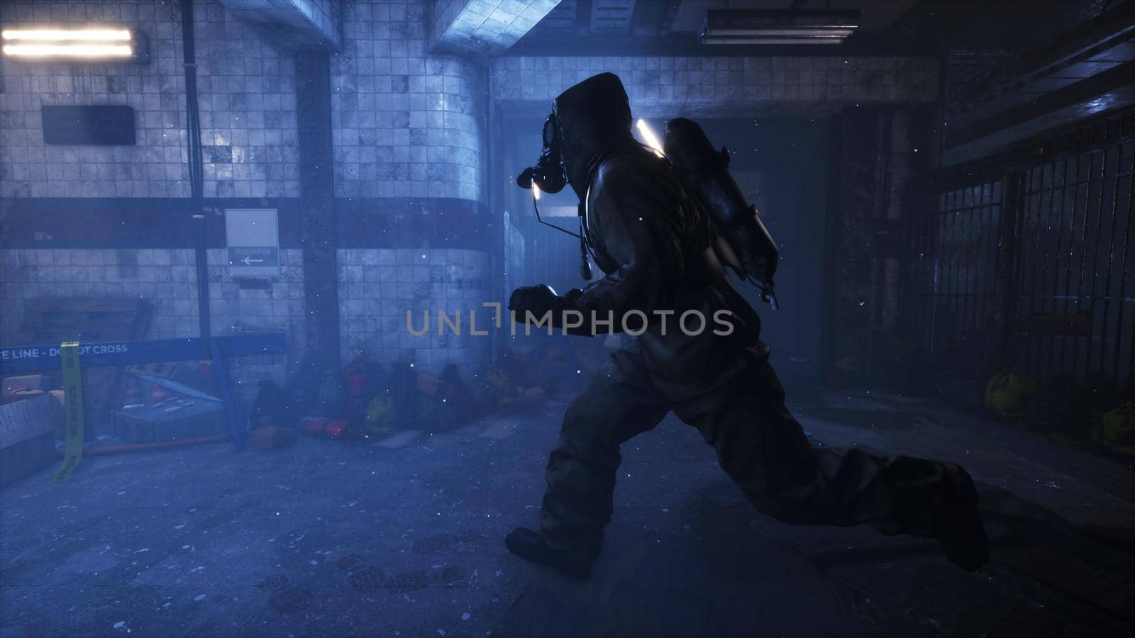 Stalker runs along an abandoned subway. The concept of a post-apocalyptic world after a nuclear war. 3D Rendering. by designprojects