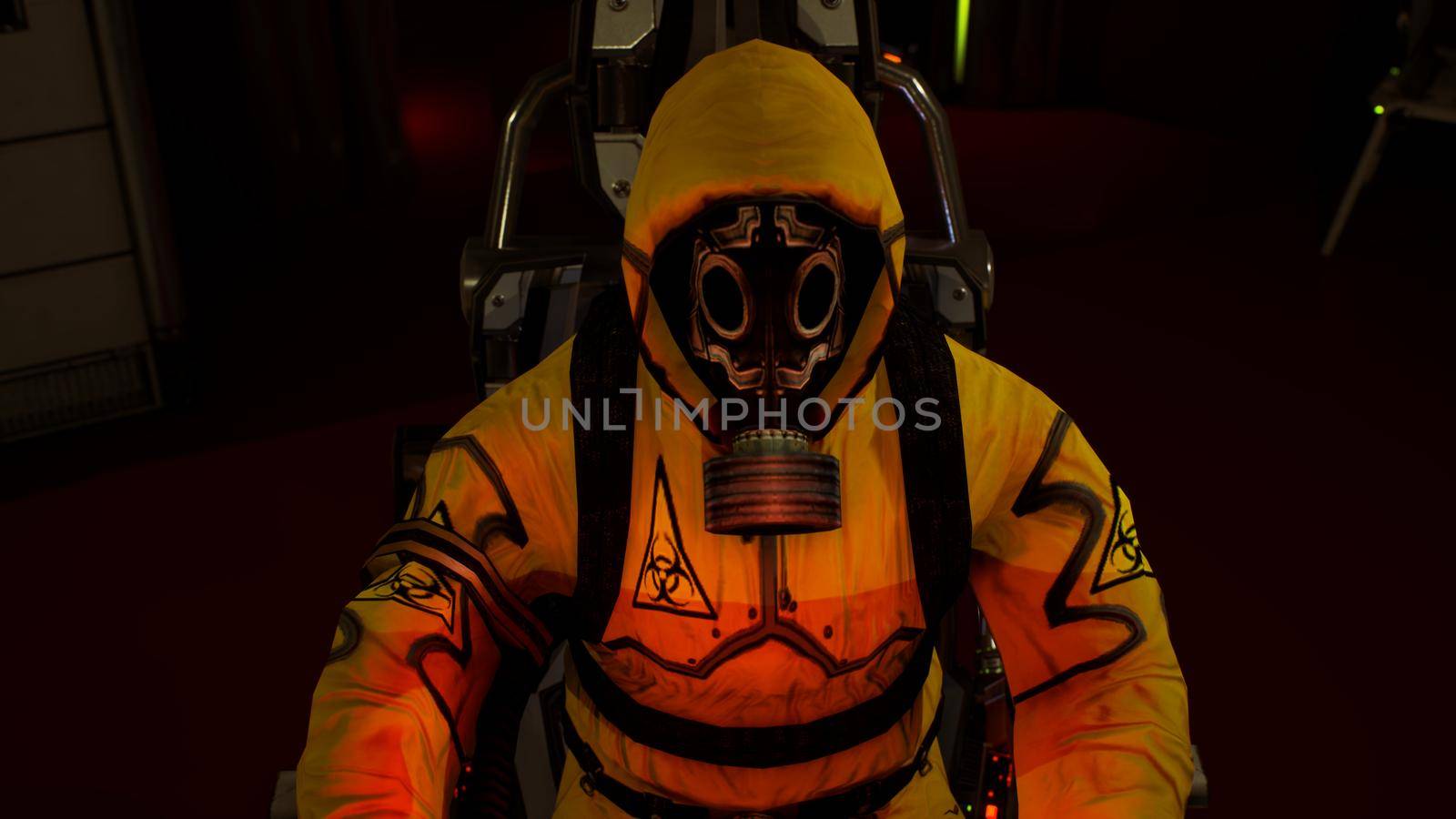 A medic in protective chemical clothing is working at a computer. A man in a yellow bacteriological protective suit and gas mask.