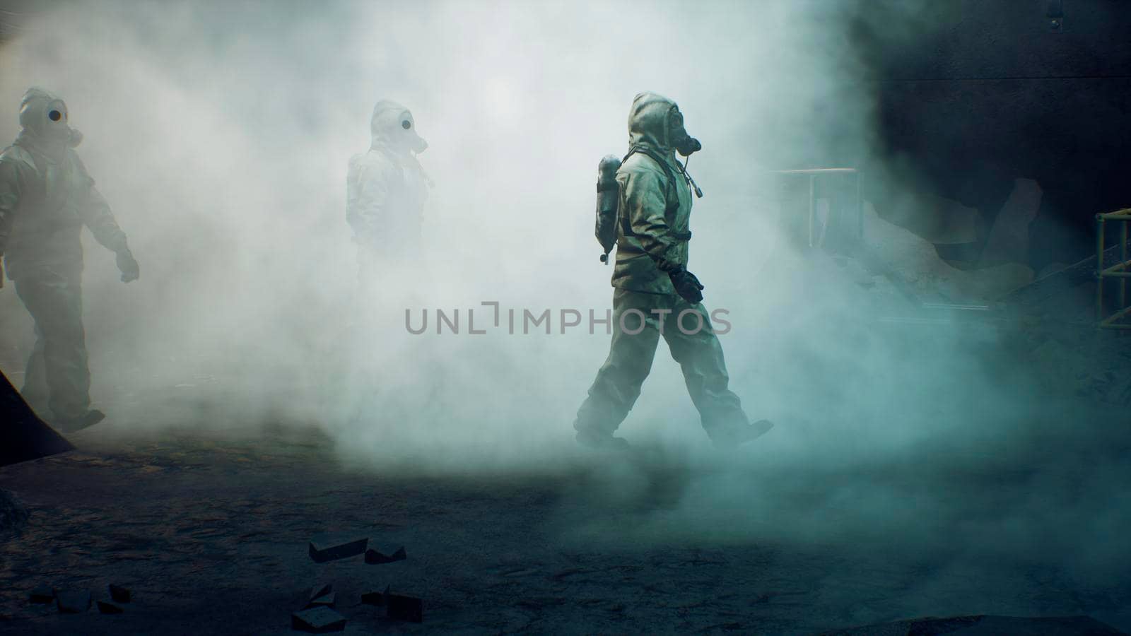 Stalkers in military protective clothing and a gas mask walk through the smoke along a deserted tunnel. The concept of a post-apocalyptic world after a nuclear war.