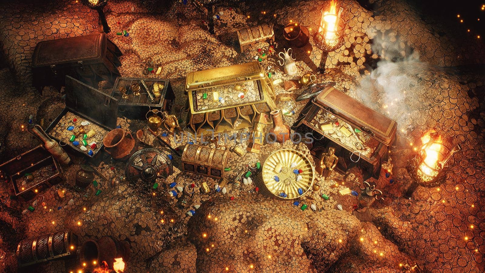 Pirate treasures in a dark cave. Old coins, diamonds, and gold treasures. A lot of jewelry made of gold statuettes, precious stones, bracelets and chests. 3D Rendering. by designprojects