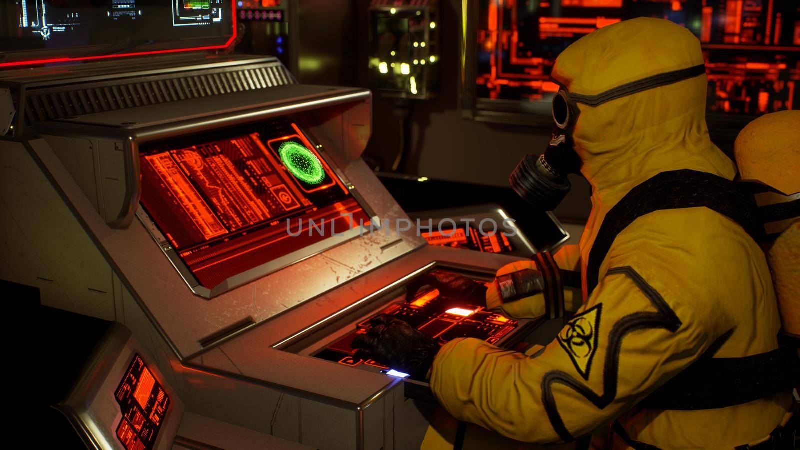 A medic in protective chemical clothing is working at a computer. A man in a yellow bacteriological protective suit and gas mask.