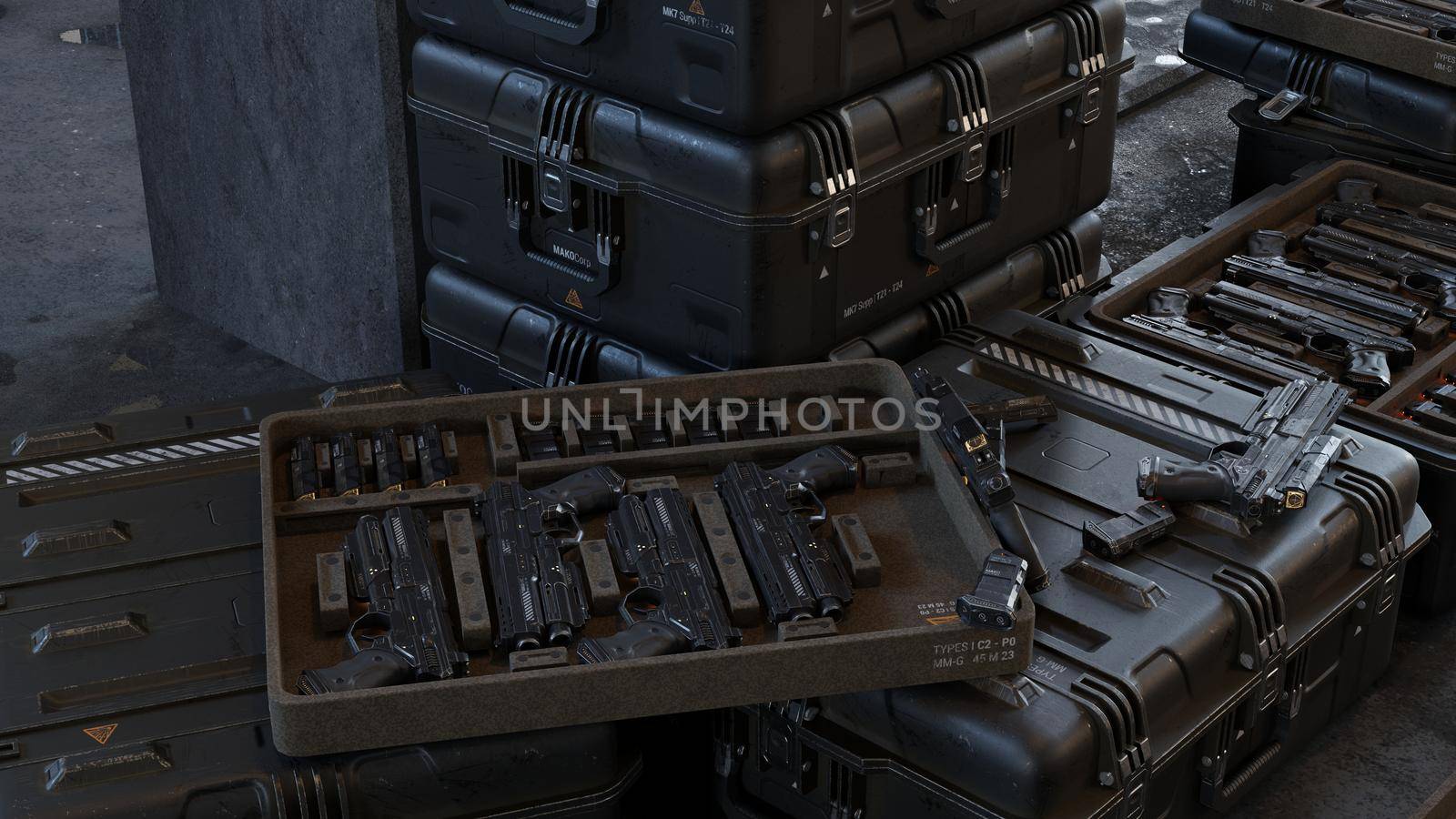Boxes with modern weapons and ammunition in a military warehouse. 3D Rendering. by designprojects