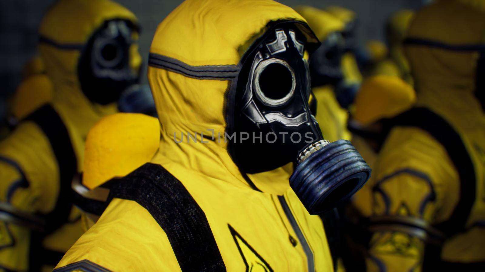 Medics in yellow protective suits lined up before the start of the working day. People in a bacteriological protection suit and a gas mask. The concept of a post-apocalyptic world during a global epidemic.