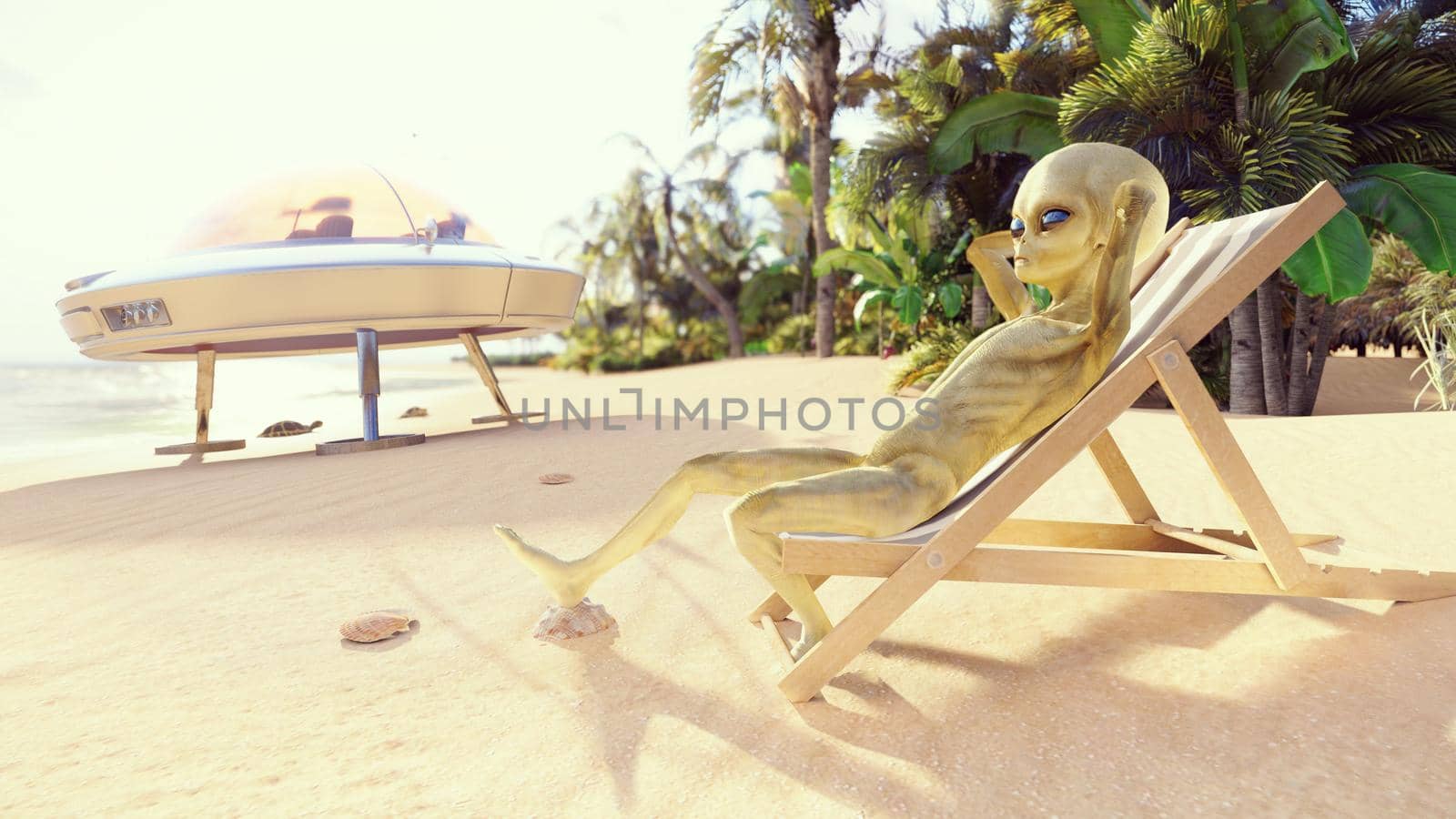Alien resting on a tropical sea beach on a hot summer day. Fantasy about having a rest alien.