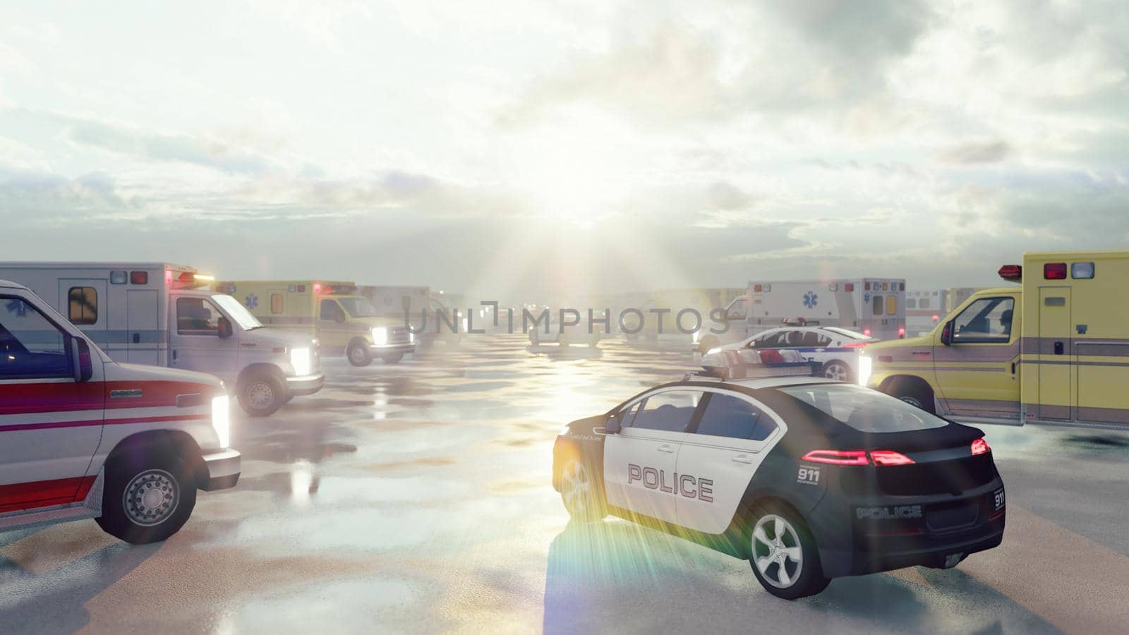 Several ambulances and police cars are waiting for the call. Concept of emergency medical and police assistance. 3D Rendering by designprojects