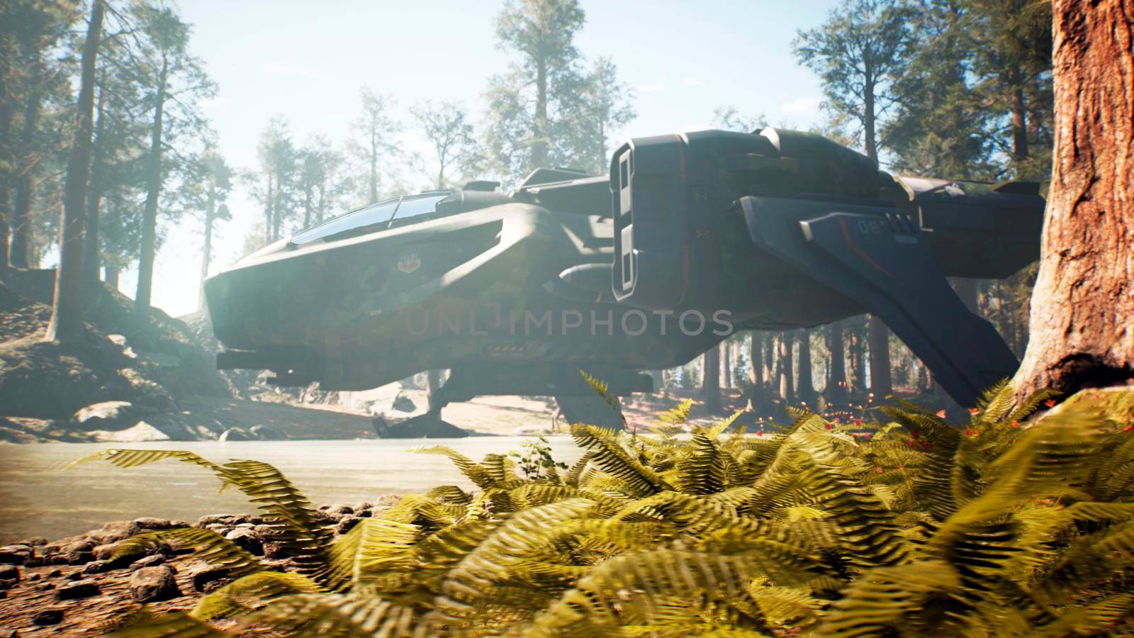 A military spaceship launches from a forest on a beautiful green planet. Illustration for fantasy, futuristic or space travel backgrounds. 3D Rendering. by designprojects
