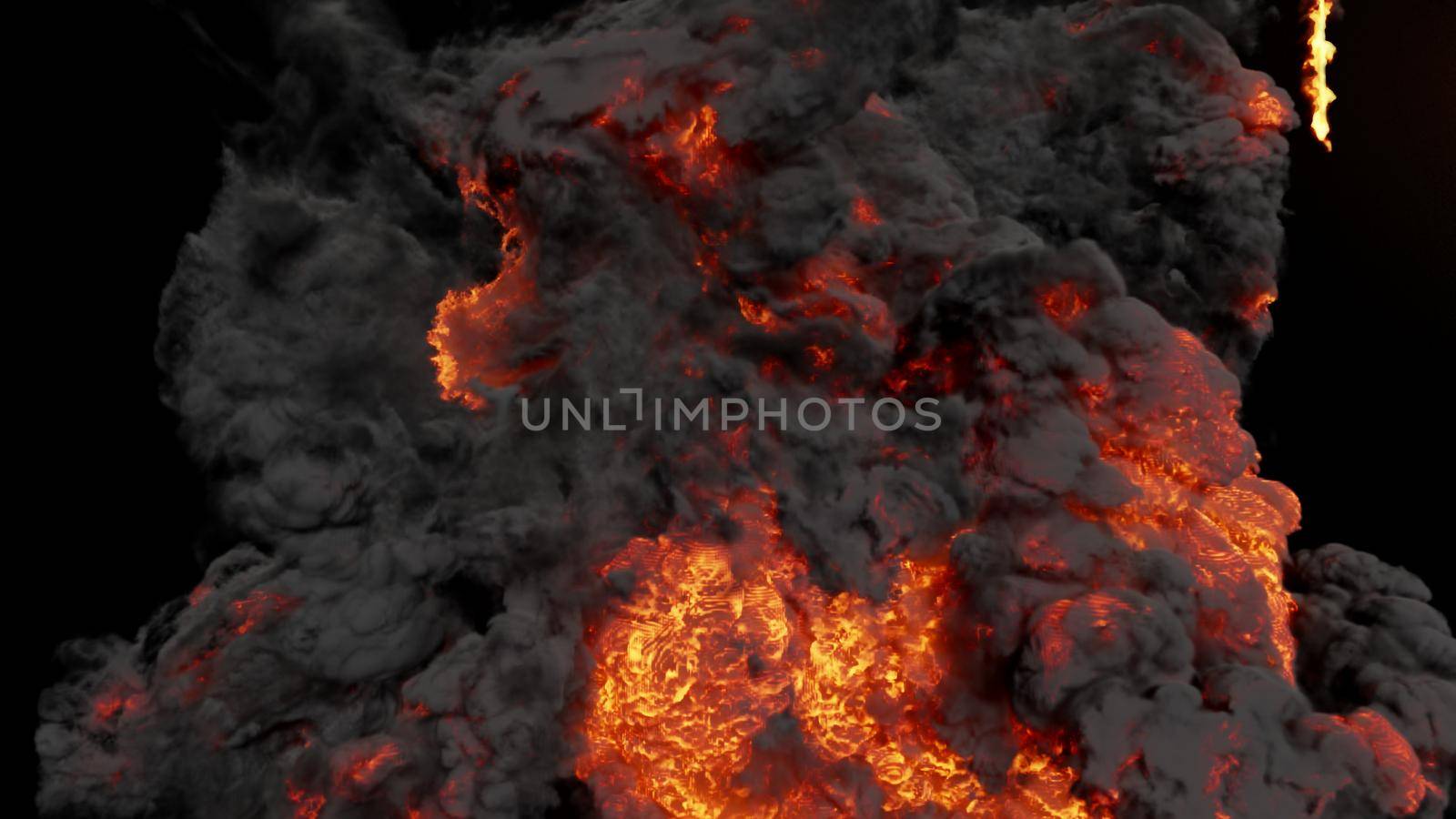 The strongest explosion, the fire swirls along with black smoke. 3D Rendering by designprojects